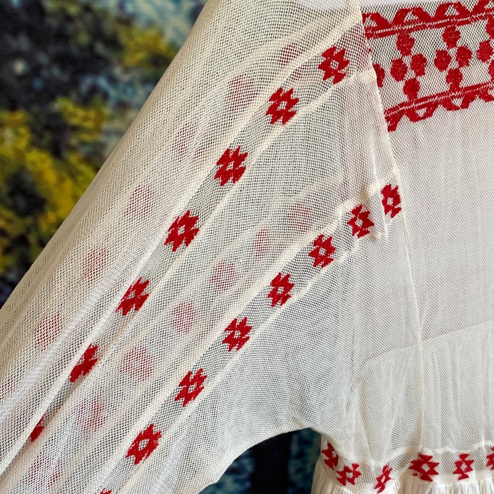 Free People Cream and Red Embroidered sheer Long Sleeve Dress - Picture 13 of 16